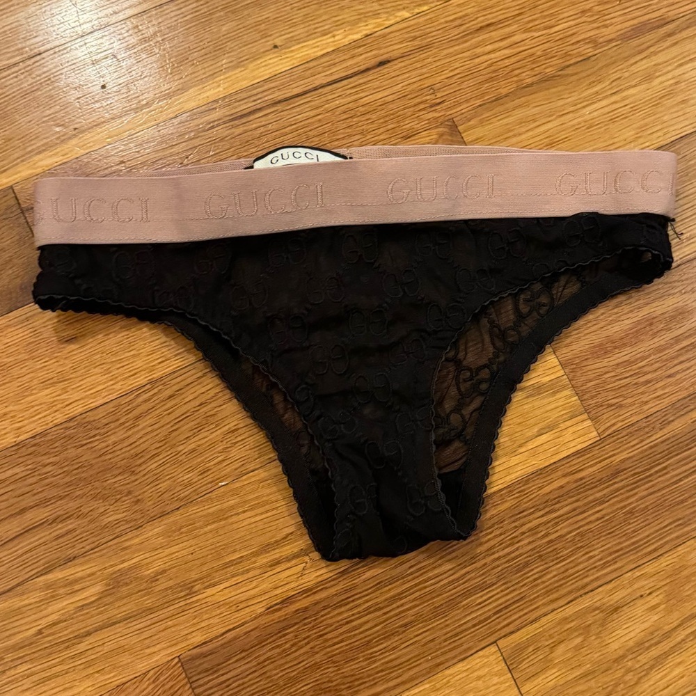 Gucci Gg Tulle Mesh Logo Lace Panty Brief Lingerie Black Mauve Pink M Designer